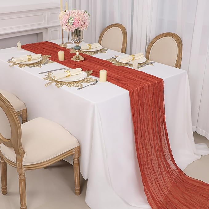 Snowkingdom 10 Ft Fall Table Runner Terracotta Cheesecloth, 120 inch Long Rust - Image 2