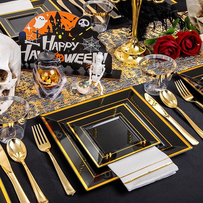 Festiva 350Pcs Black and Gold Plastic Plates-50Guests Disposable Square Black - Image 5