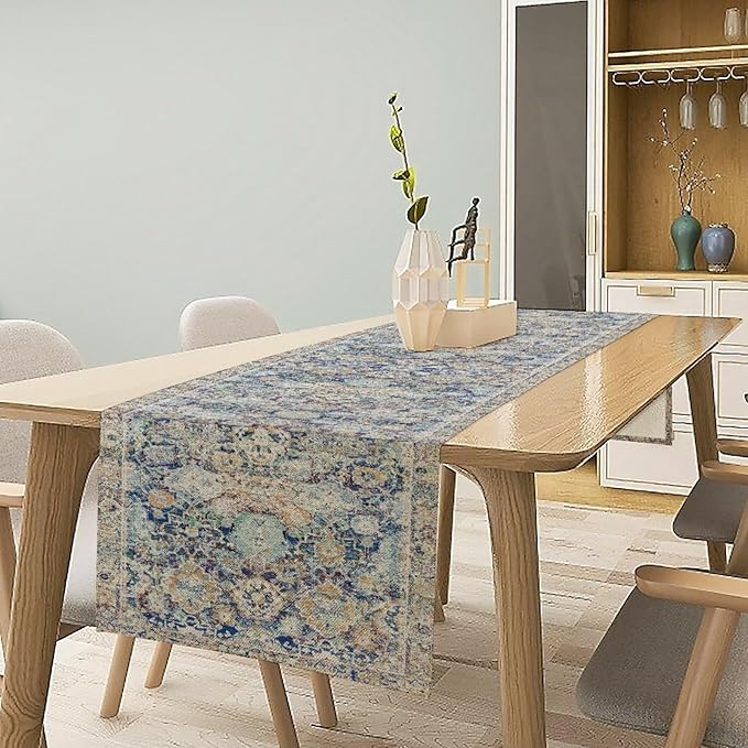 Vintage Boho Floral Table Runner, Rustic Country Farmhouse Blue Yellow Retro - Image 3