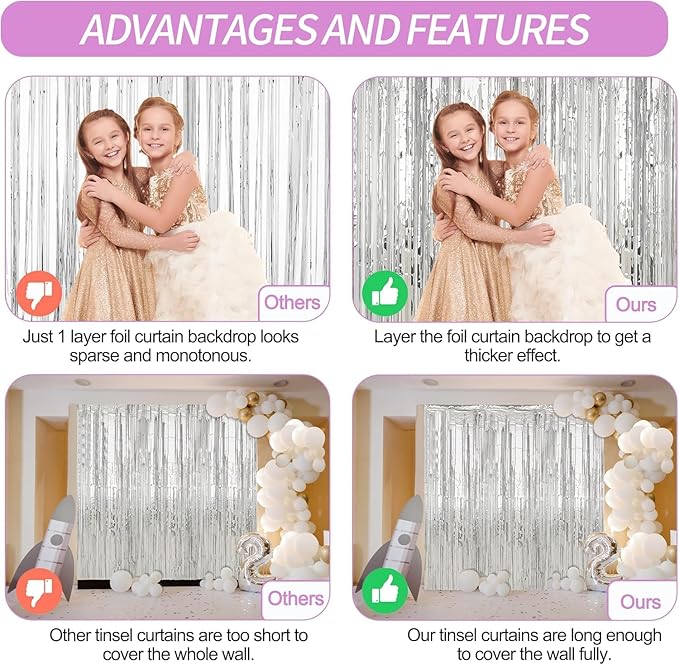 Crosize 8 Pack 3.3 x 9.9 ft Sliver Foil Fringe Curtains Party Decorations - Image 4