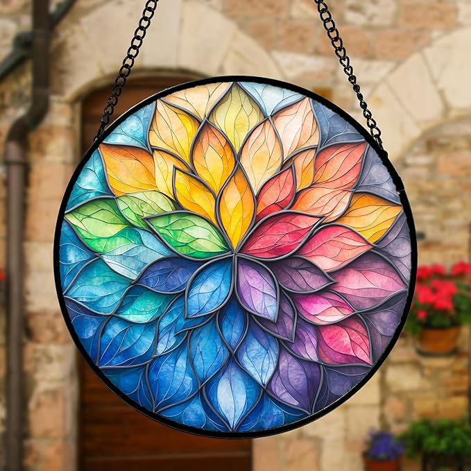 Stained Glass Window Hanging, Colorful Flower Petals Sun Catchers Diamond Glass - Image 4