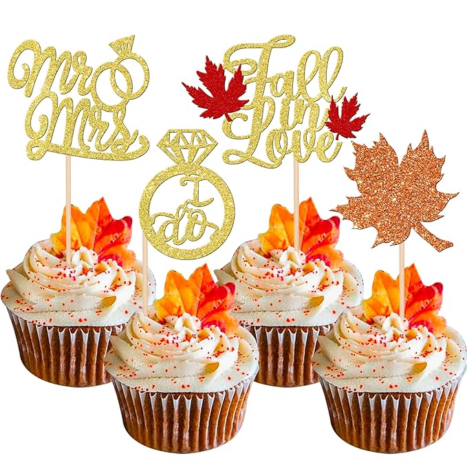 24 PCS Fall in Love Cupcake Toppers Glitter Maple Leaf Cupcake Picks Mr & Mrs by ZHUOWEISM