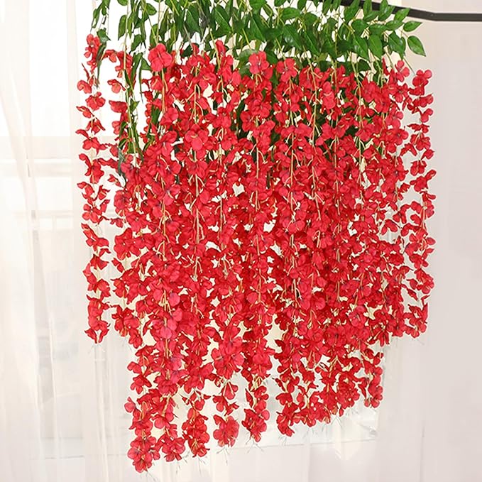 12 Pack Red Wisteria Hanging Flowers Garland, 3.77 Feet Artificial Flower Vines - Image 6