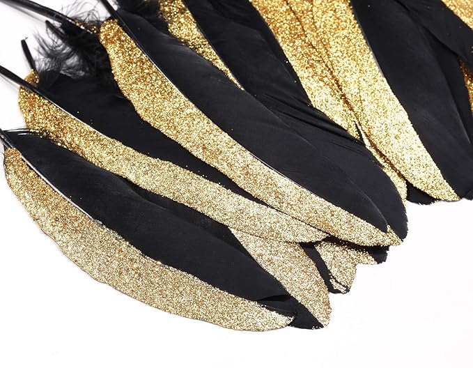 BABEYOND 42 Pcs 1920s Gatsby Gold Dipped Feather Natural Décor Glitter Feather - Image 4