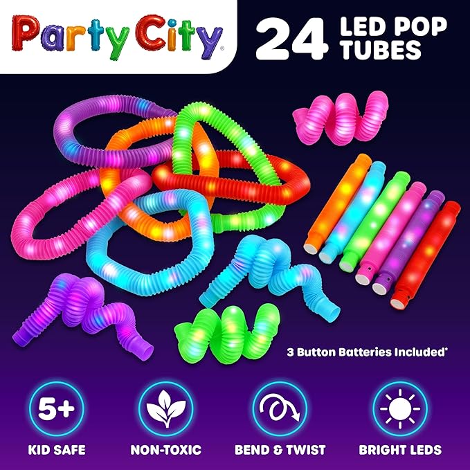 Party City 24pk LED Light Up Pop Tubes 25”- 3 Mode Stretchy Tubes LED Light Up - Image 6