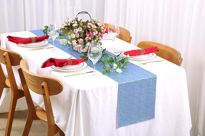 Sequin Table Runners 2 Pieces Baby Blue Table Runners 12x72 Inch Glitter Dining - Image 8