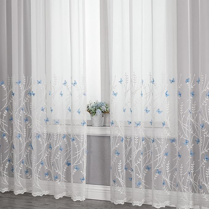 VISIONTEX White Sheer Voile Curtains, Decorative White Embossed Butterflies Rod - Image 8