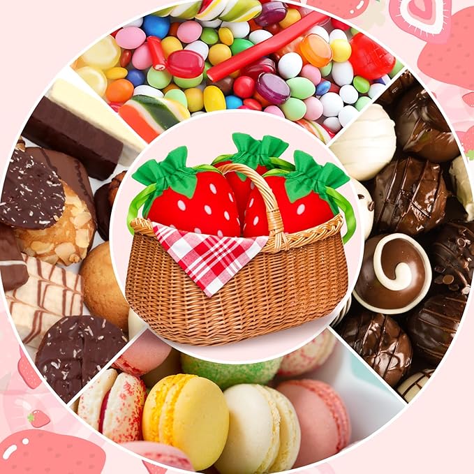 Whaline 12Pcs Strawberry Shaped Treat Bags Red Green Strawberry Drawstring Bags - Image 4