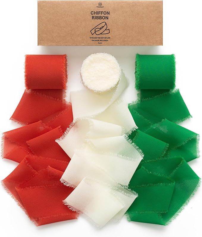 Vitalizart Christmas Handmade Chiffon Silk Ribbon Fringe 1.5" x 21 Yd Frayed by Vitalizart