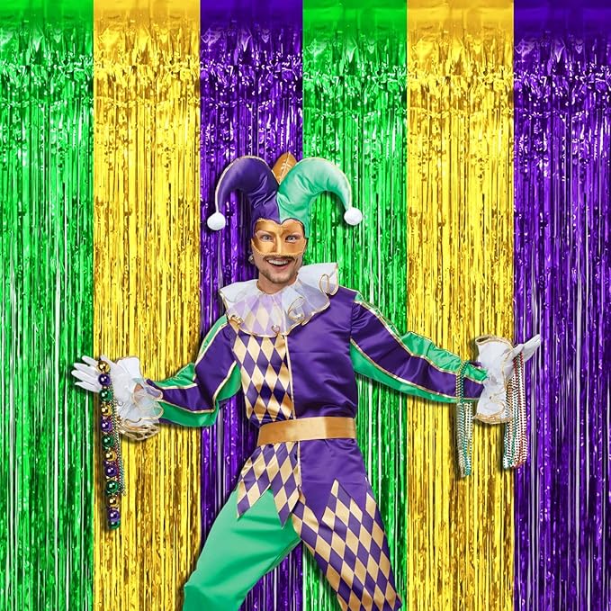4 Pack Mardi Gras Foil Fringe Curtain Backdrop, 3.28Ft x 8.2Ft Gold Green - Image 4