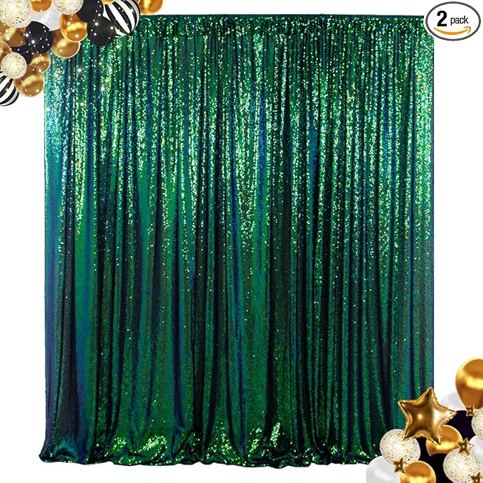 ShinyBeauty Sequin Backdrop Curtain Iridescent Green 2 Panels Sequin Bakdrop by ShinyBeauty