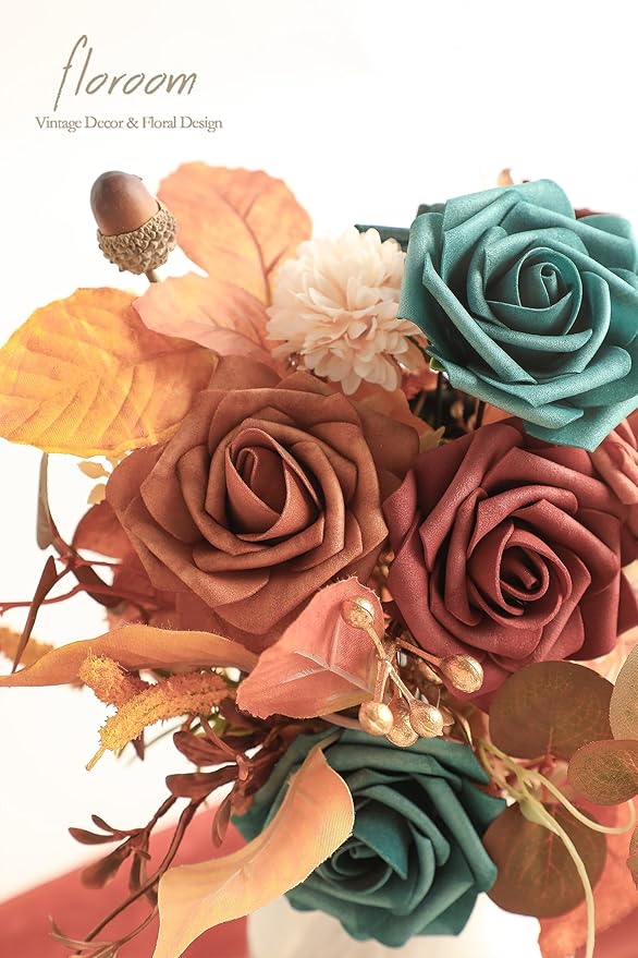 Floroom Artificial Flowers 25pcs Real Looking Teal Green Terracotta Ombre - Image 4