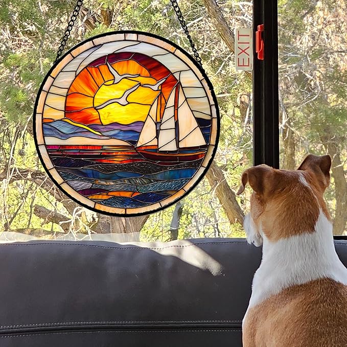 Stained Glass Window Hanging, Sun Ocean Sailboat Seagull Abstract Suncatcher - Image 2