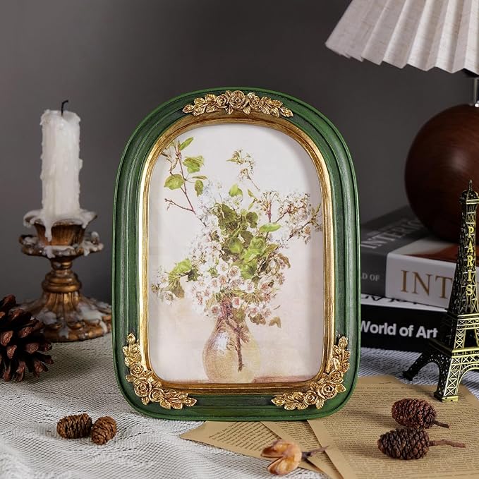 Cuspin Vintage 5x7 Picture Frame, Ornate Gold Green Arch Frames Resin Photo - Image 3