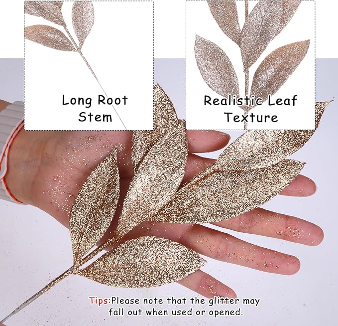 GREENTIME 12 Pack Artificial Champ Glitter Leaves 13" Fake Christmas Picks - Image 2