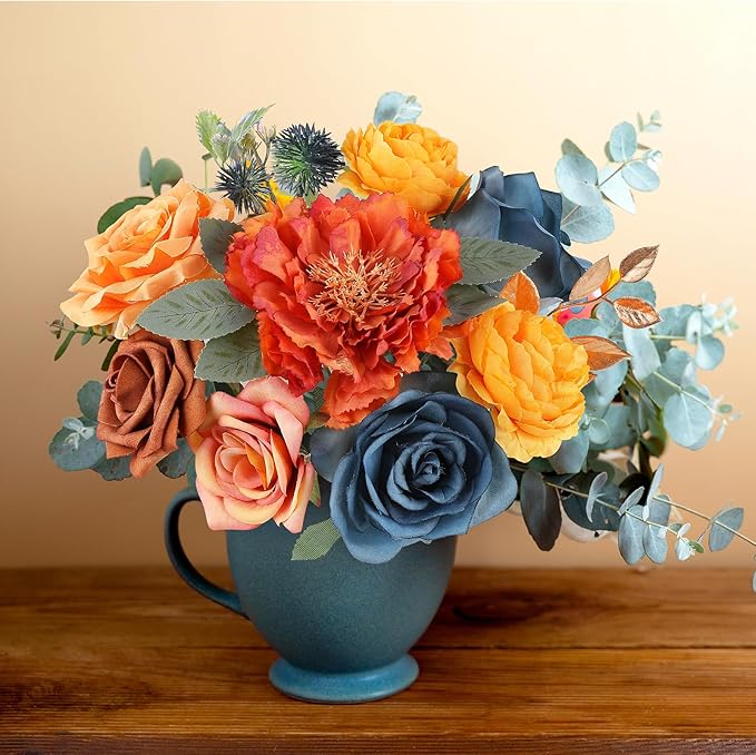 AmyHomie Teal Orange Artificial Flowers Combo Silk Mix Peony Rose Fake Flowers - Image 3