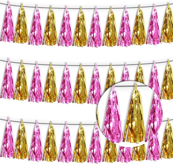 3P Gold Pink Metallic Fringe Tassel Banner Garland Foil Tinsel Streamer Wall by Xuuf