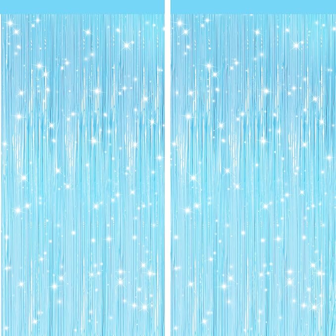 GCB 2Pack Macaron Blue Metallic Tinsel Foil Fringe Curtains, Pastel Blue Door by GCBPartyDecorations