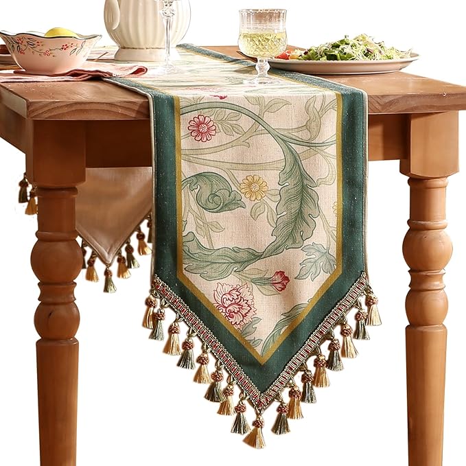 patdrea Designer Green Floral Table Runner, French Elegant Vibrant Rustic Linen by Welcometopatdrea