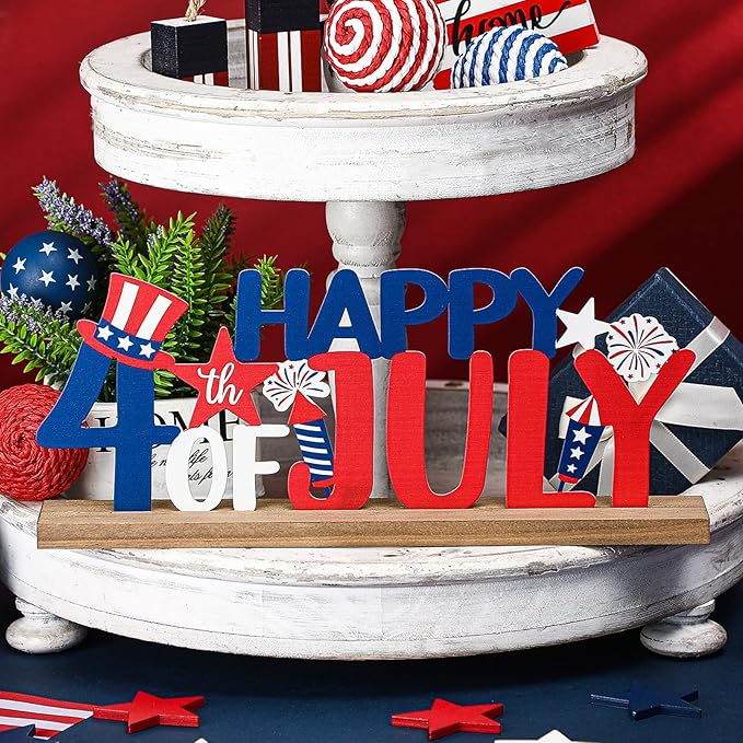 Happy 4th of July/Patriotic Metal Sign Rustic Table Decor Holiday Tiered Tray - Image 5