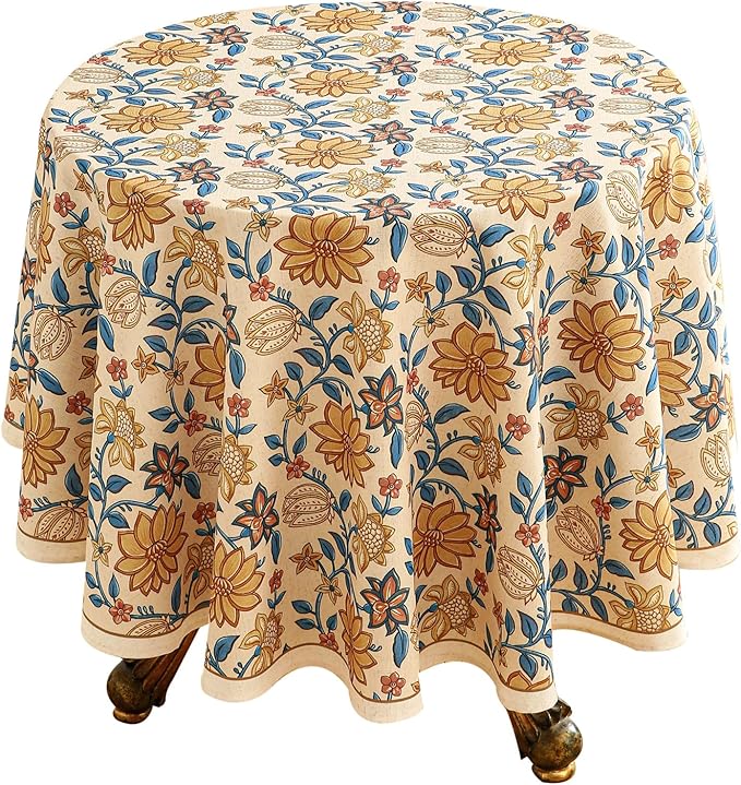 ISAENNE Designer Bohemian Floral Small Round Tablecloth, Linen Colorful Table by Isaennehomedecoration