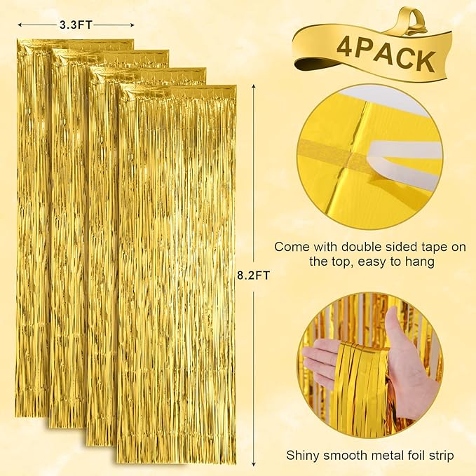 4 Pack Gold Foil Fringe Backdrop Curtains, Tinsel Streamers Birthday Party - Image 3