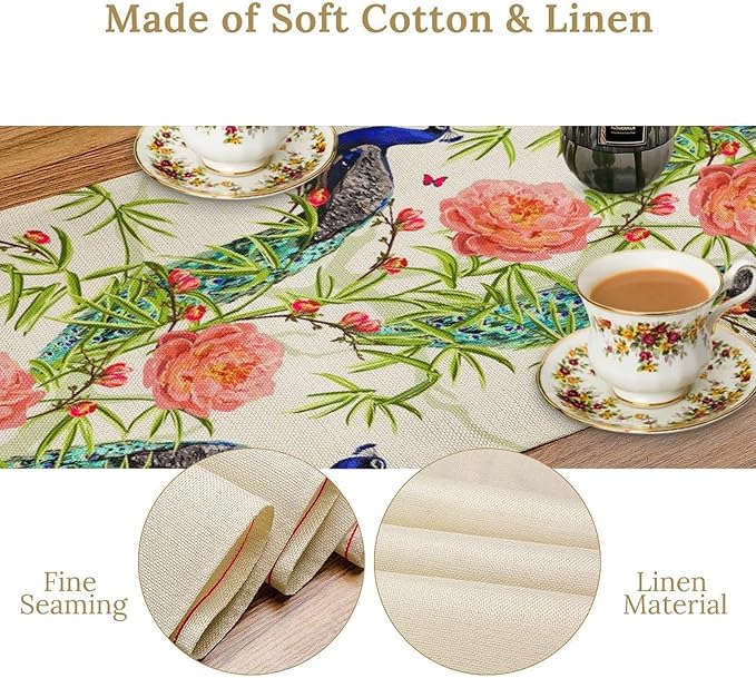 Peacock Table Runner, Seasonal Flower Plants Peacock Birds Table Runner - Image 5