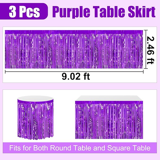 3 Pack 29 x108 Inch Purple Foil Fringe Table Skirts Metallic Banner - Image 2