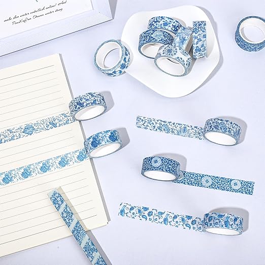 Whaline 12 Rolls Blue Floral Washi Tape Chinoiserie Flower Washi Tape Vintage - Image 5