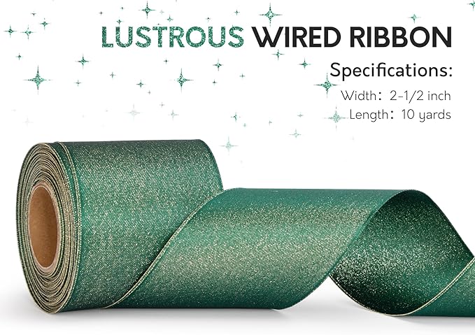 Christmas Ribbon Wired Green Satin Ribbons 2-1/2 Inch Double-Faced Gold Glitter - Image 3