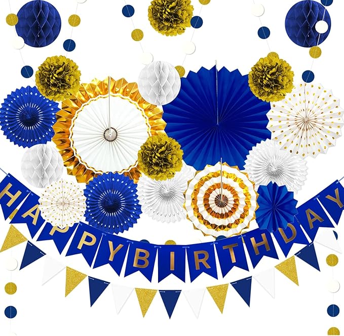 Navy Blue and Gold Happy Birthday Party Decoration 24Pcs Hanging Paper Fans by Marwey