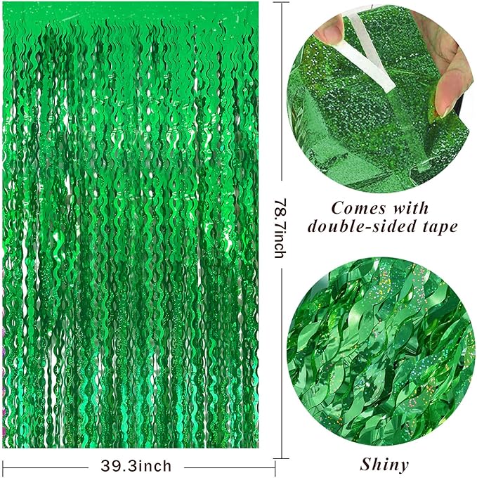 Green Tinsel Foil Fringe Curtains Wavy Backdrop - Image 2