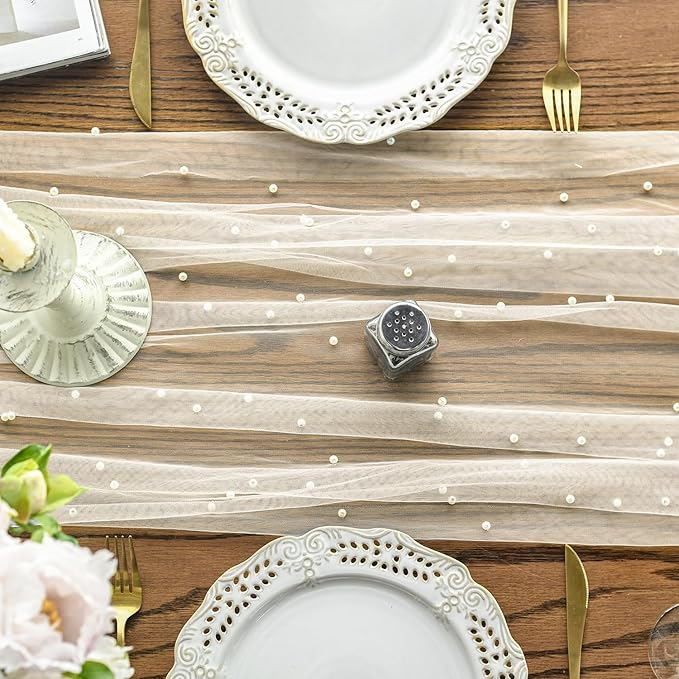 Artoid Mode Pearl Beige Gauze Table Runner 120 Inch 10FT, Seasonal Sheer Dining - Image 2