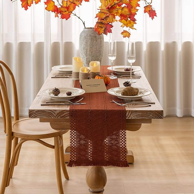 Boho Rust Table Runner for Home Decor 12x72 Inches Farmhouse Macrame Burlap - Image 2
