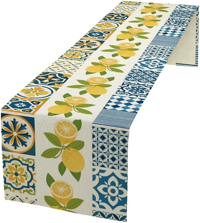 Lemon Table Runner, Watercolor Blue Fruits Green Leaves Print Table Cloth by Unknown
