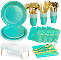 141 Pieces Blue Green and gold Party Supplies, Party Dinnerware Sets Include by Nkaiso
