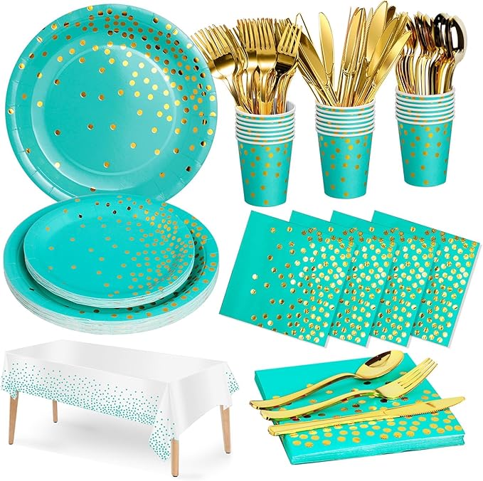 141 Pieces Blue Green and gold Party Supplies, Party Dinnerware Sets Include by Nkaiso