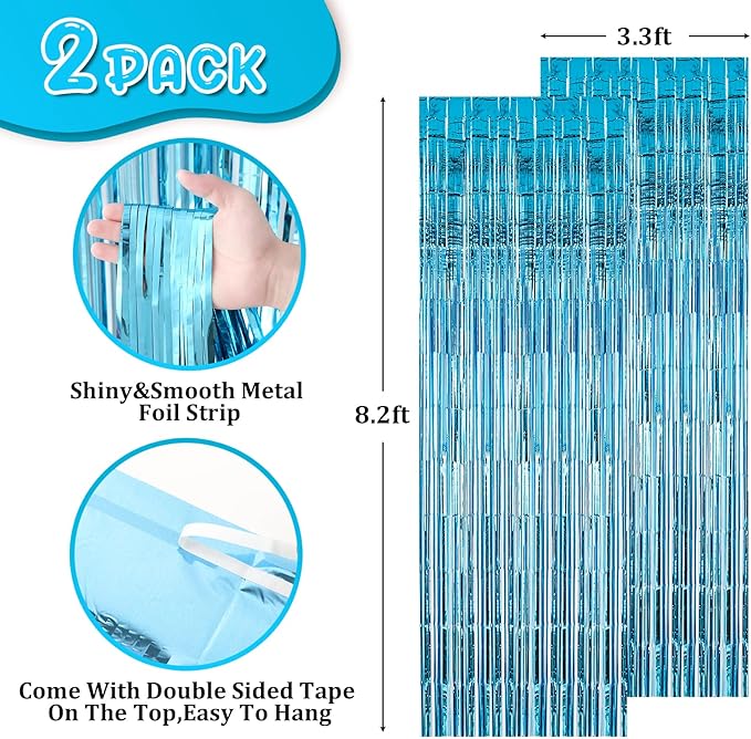 2 Pack 3.3x8.2 Feet Light Blue Foil Fringe Backdrop Curtains, Tinsel Streamers - Image 3