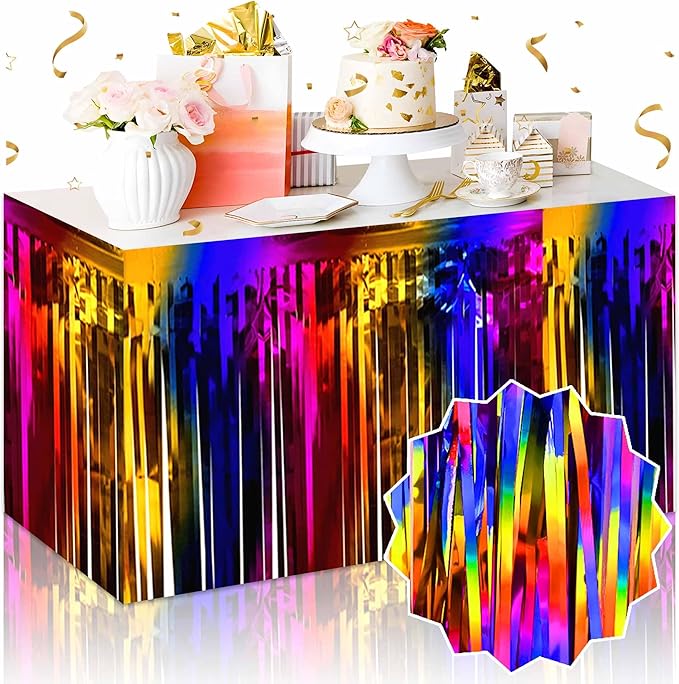 3 Pack Rainbow Foil Fringe Table Skirts Metallic Tinsel Streamers Garland by LANTIANCHEN
