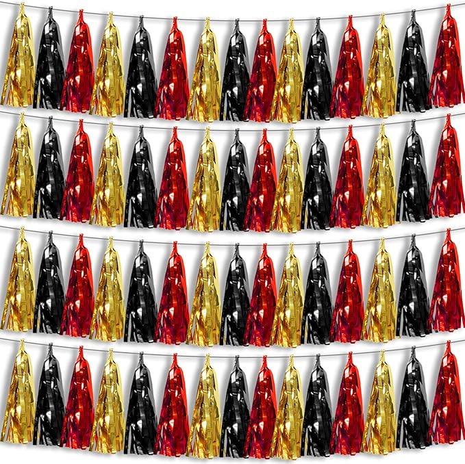 4P Black-Red Gold Foil Fringe Metallic Tassel Garland, Tassels Banner Streamers by HYSILLA