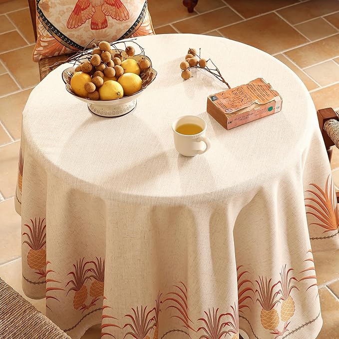 patdrea Designer Vintage Round Tablecloth, Pineapple Pattern Linen Tropical - Image 3