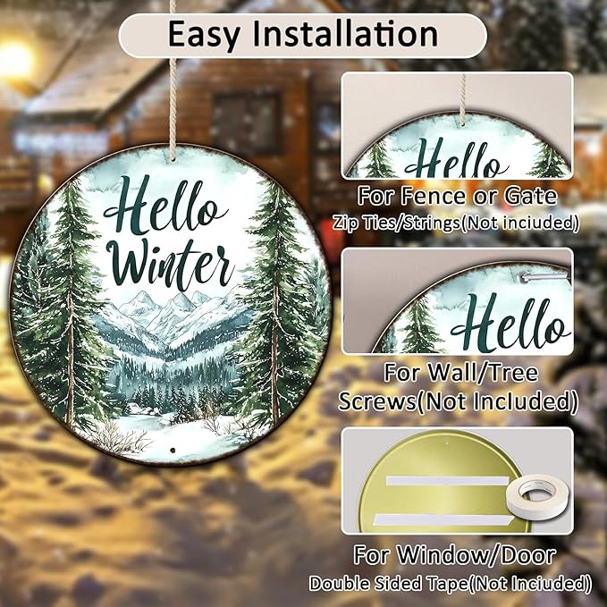 Round Christmas Metal Tin Sign Hello Winter Sign Christmas Pine Trees Welcome - Image 3