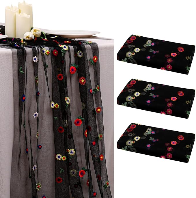 BINBE 3pcs Black Daisy Fall Table Runner Embroidery Gauze 10FT Florals Seasonal by BINBE
