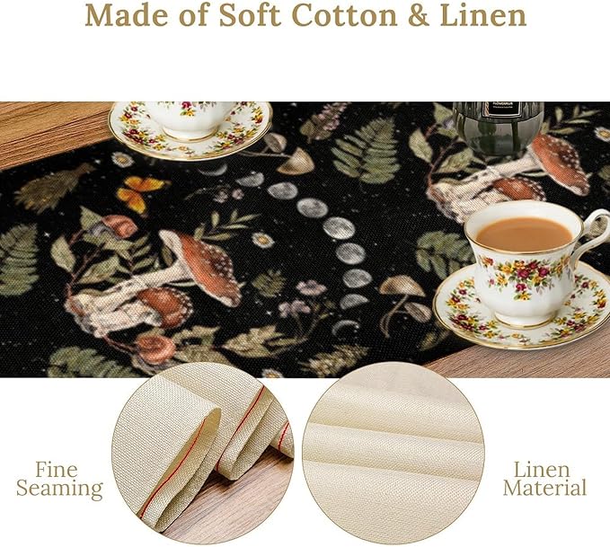 Mushroom Kitchen Table Runner, Boho Vintage Wild Flower Gothic Witchy Moonlit - Image 5