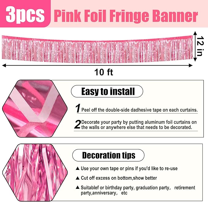 3 Pack 10 Feet Pink Foil Fringe Garland Metallic Tinsel Streamers Banner Wall - Image 2