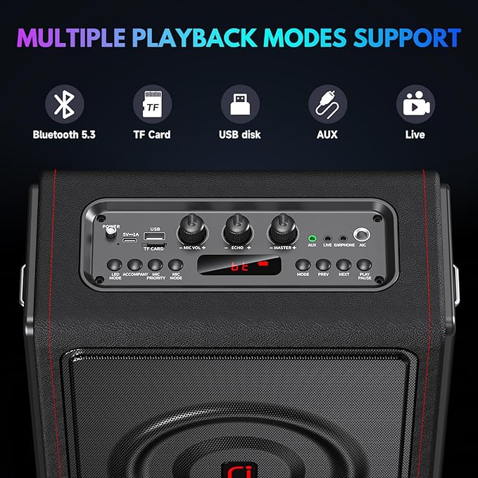 Karaoke Machine with 3 Wireless Mics | Bluetooth 5.3 Speaker with Echo - Image 7