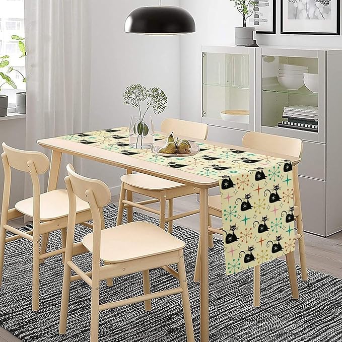Mid Cat Table Runner, Vintage Black Cat and Atomic Stars 1950s 1960s Abstract - Image 4
