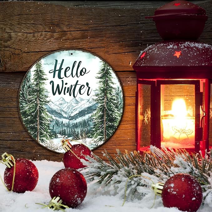 Round Christmas Metal Tin Sign Hello Winter Sign Christmas Pine Trees Welcome - Image 5