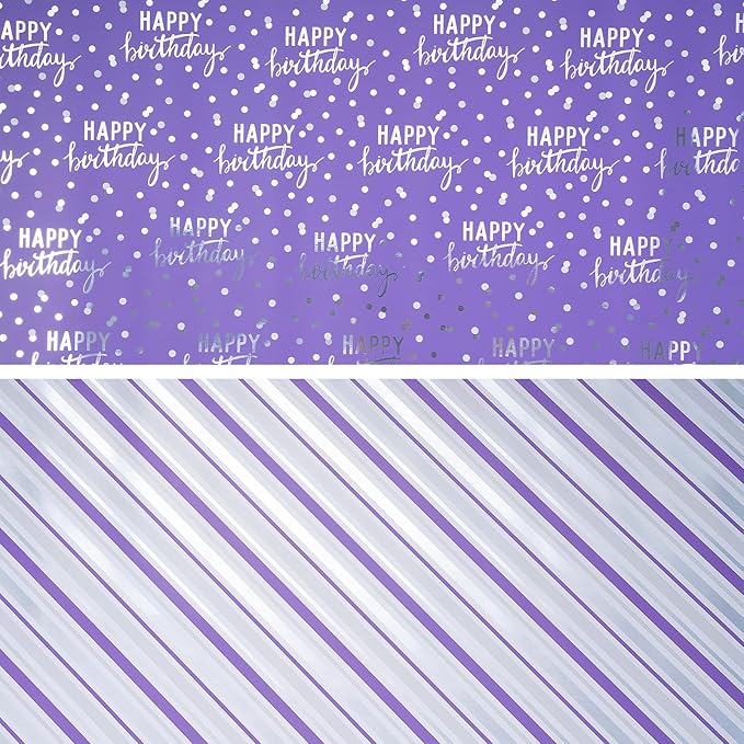 LeZakaa Reversible Purple Birthday Wrapping Paper Roll - Image 8