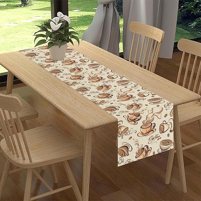 Coffee Time Table Runner, Farmhouse Retro Coffee Cup Tea Party Cafe Table - Image 3